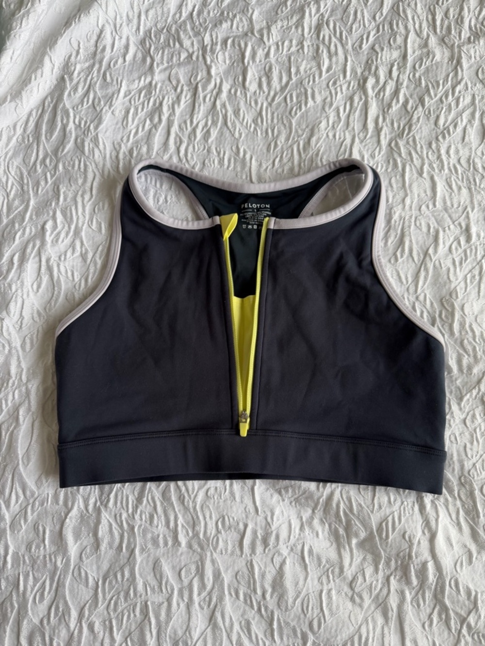 Peloton Black Sports Bra with Yellow Zip and Gray Trim